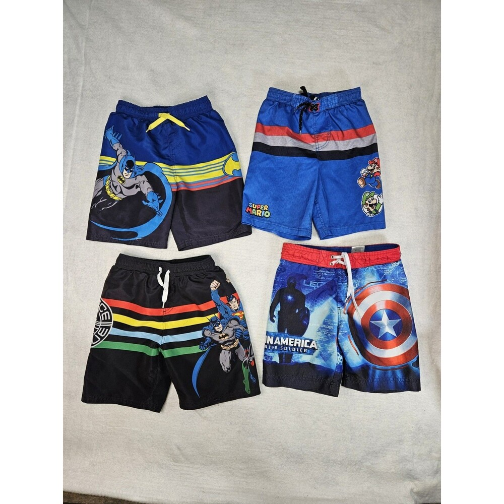 Boys Size Small Swin Trunks Lot Of 4 MARIO CAPTAIN AMERICA BATMAN JUSTICE...